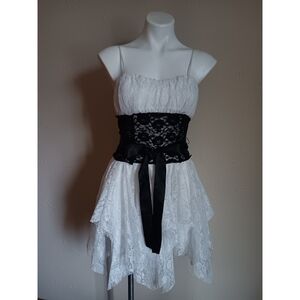 Deb White Lace Asymmetrical Dress with Black Lace Waist Tie
